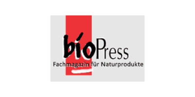 Logo of the German magazine "BioPress – Fachmagazin für Naturprodukte" (specialist magazine for natural products), with the word "bio" in black italics on a red background and "Press" in black characters, organiser of the international competition for organic olive oils.