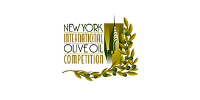 Logo of the "New York International Olive Oil Competition" with golden typography, flanked by a stylized olive branch and the outline of the Empire State Building, in gold and olive green tones.