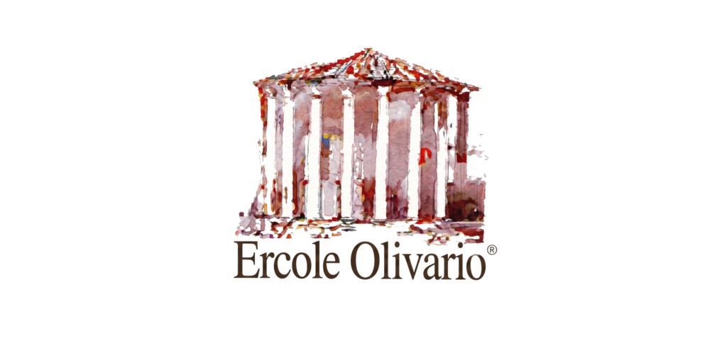 Logo of the national award "Ercole Olivario" with a watercolour illustration of a Greek-Roman columned temple in red and ochre tones, and the name of the competition in elegant dark serif typography.