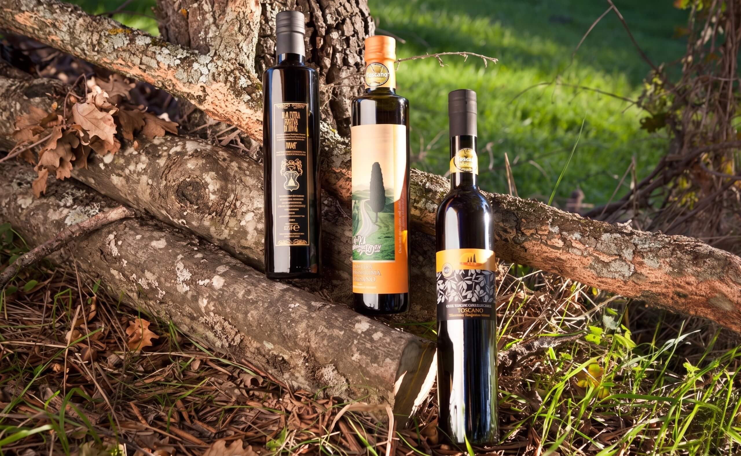 Three bottles of Tuscan IGP extra virgin olive oil resting against a fallen trunk in a green meadow, with labels evoking the Tuscan landscape.